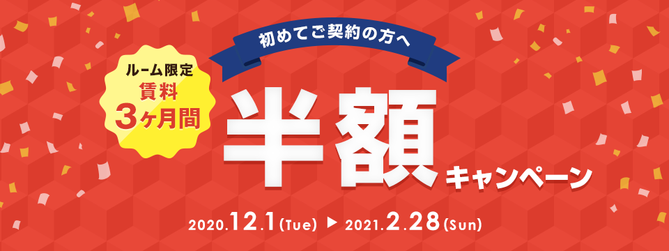 ルーム限定 賃料3ヶ月間半額キャンペーン キャンペーン期間：2021年2月28日（日）まで